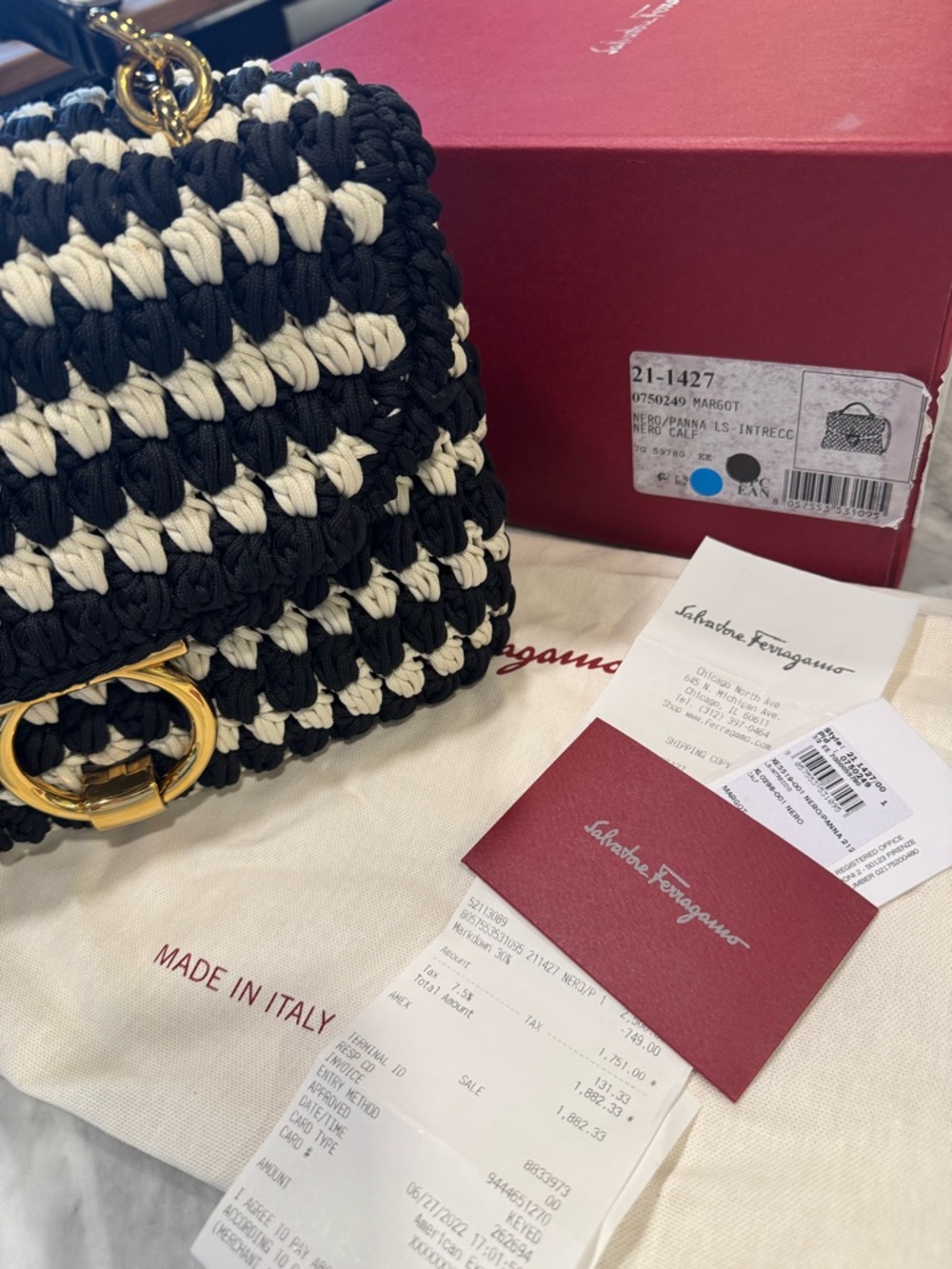 Salvatore Ferragamo Woven Black & Cream Shoulder Bag, Gold Hardware